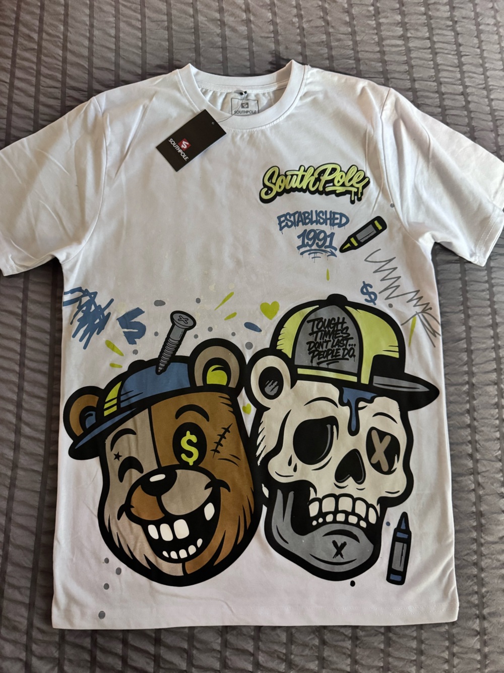 South Pole White Graphic Skull & Bear Tee with Lime and Blue Accents